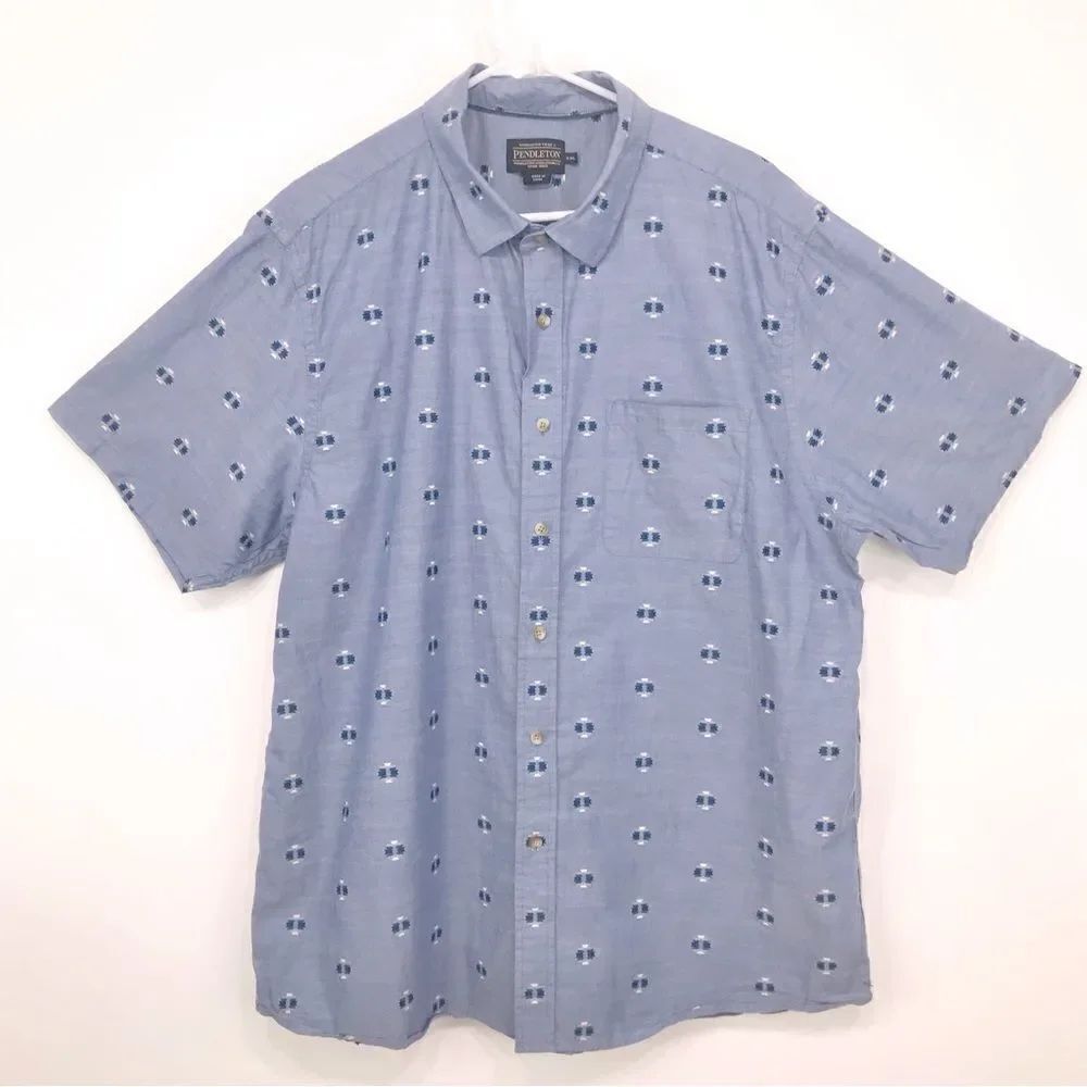 Pendleton Light Blue Tribal Print Short Sleeve Button Down Cotton Shirt